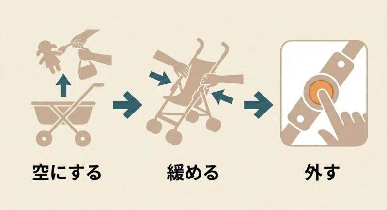 ベビーカーをたたむ基本手順(空にする、緩める、外す)