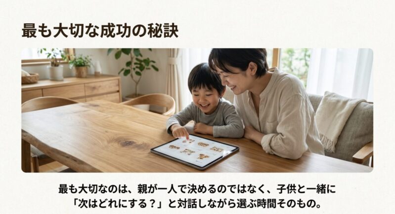 最も大切な成功の秘訣として、親子で一緒にタブレットを見ながら次のおもちゃを楽しく選んでいる様子の写真