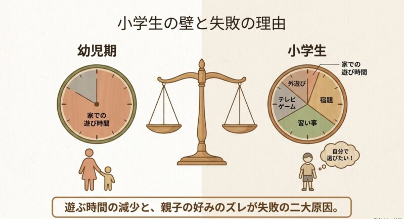 小学生になると家での遊び時間が減少し、親と子どもの好みにズレが生じることが失敗の二大原因であることを示す図解