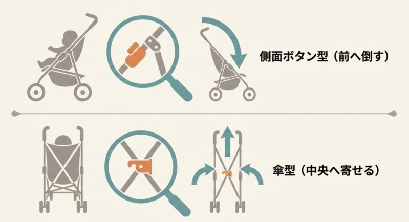 側面ボタン型(前へ倒す)と傘型(中央へ寄せる)のベビーカー構造の違い