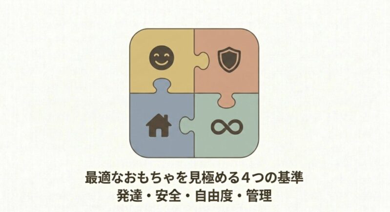 おもちゃ選びに最適な4つの基準である、発達、安全、管理、自由度を表すパズルのイラスト