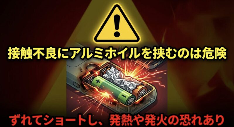 電池の接触不良にアルミホイルを挟むとショートや発火の恐れがあり危険であるという警告