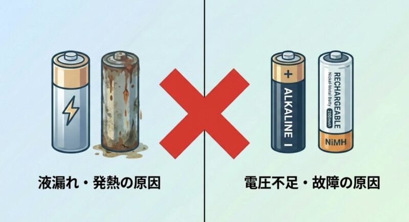 種類や残量の異なる電池を混ぜて使うことで起こる液漏れや発熱のリスク