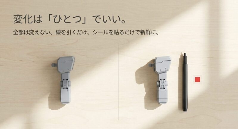 ガンプラ制作において、全部を変えるのではなく、線を引いたりシールを貼ったりする「ひとつの変化」で新鮮さを取り戻す提案