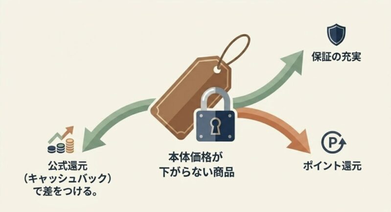本体価格が下がらない指定価格家電などは、公式キャッシュバック、保証の充実、ポイント還元で差をつけることを示す図