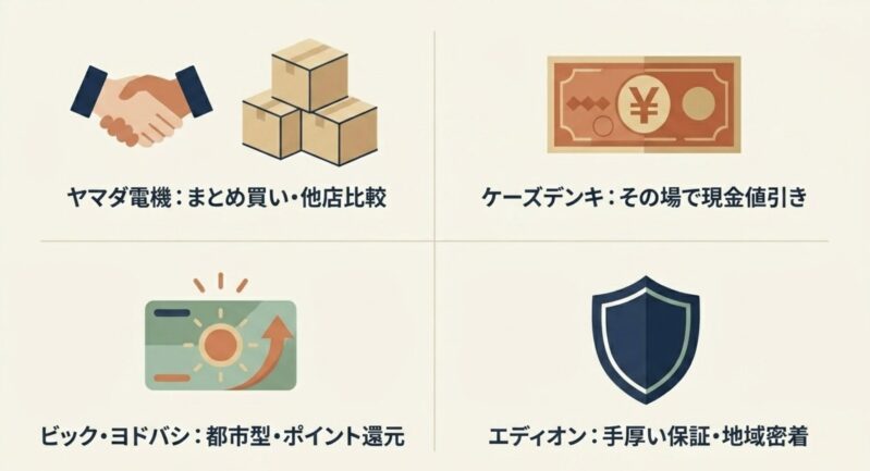 ヤマダ電機（まとめ買い）、ケーズデンキ（現金値引き）、ビック・ヨドバシ（ポイント還元）、エディオン（手厚い保証）の各家電量販店の強みを示すイラスト
