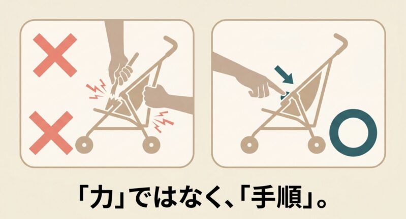 ベビーカーを力任せに壊すイラストと、正しい手順でボタンを押すイラストの比較