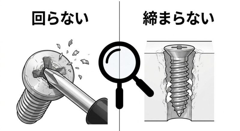 十字溝が削れてドライバーが空回りする「なめたネジ」と、受け側のプラスチックが削れてネジが締まらない「バカ穴」の比較図