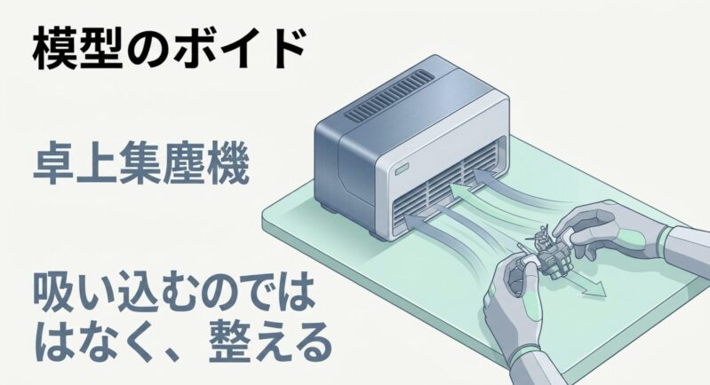 模型用のボイドは卓上集塵機であり、強く吸い込むのではなく作業環境を整える役割があることを示す説明画像