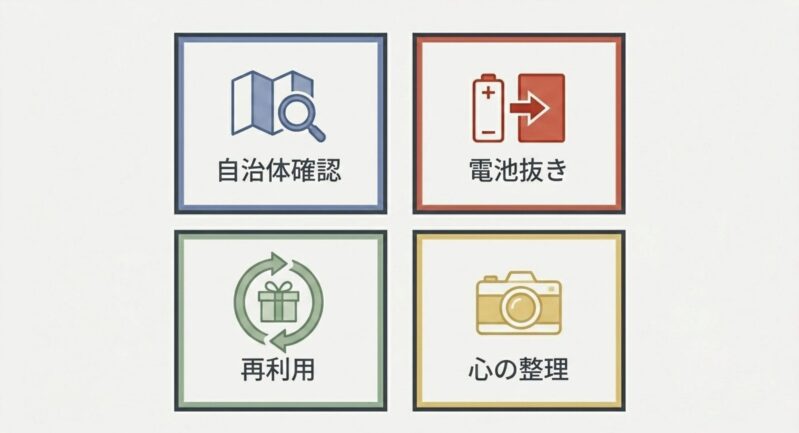 自治体の確認、電池抜き、おもちゃの再利用、心の整理という4つの重要ポイントを示すアイコン