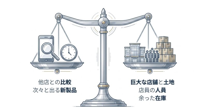 家電業界の利益率が下がる理由（他店との比較、次々と出る新製品、巨大な店舗と土地、店員の人員、余った在庫）
