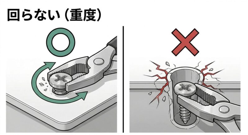 ネジザウルスなどの専用ペンチで頭が出ているネジを掴んで回す正しい方法と、奥まったネジに無理に使うとプラスチックが割れる誤った方法の比較