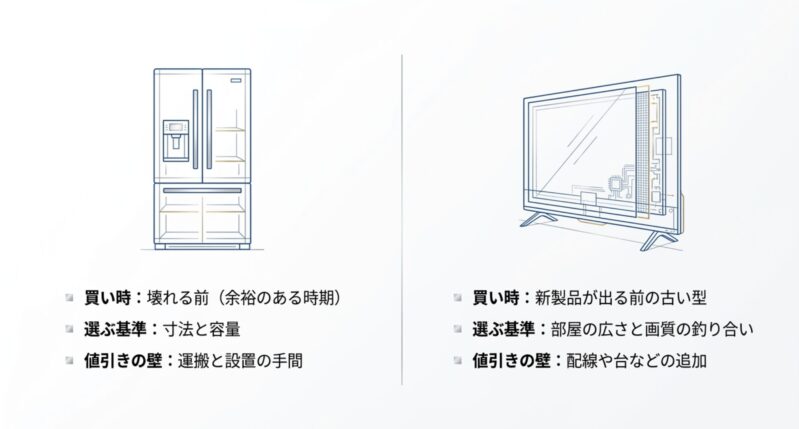 冷蔵庫とテレビの構造図解と、それぞれの買い時・選ぶ基準・値引きの壁のポイント解説
