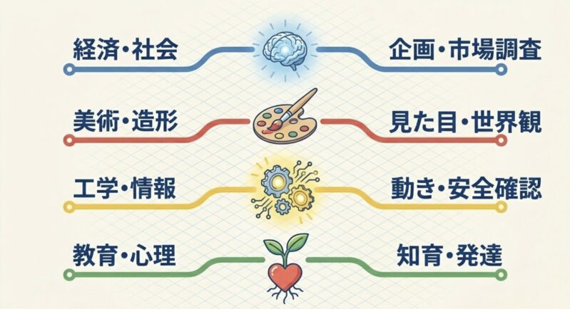 経済や美術、工学、教育など、大学の学部とおもちゃ作りの関連性を示す図