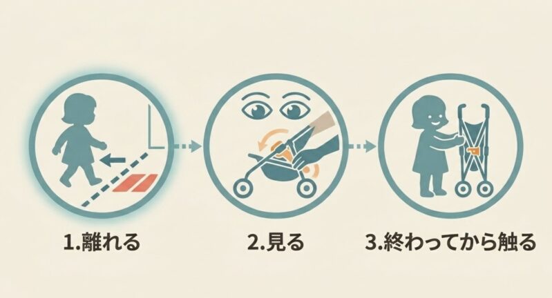 子供が離れる、大人が見る、終わってから触るという安全確認のステップ