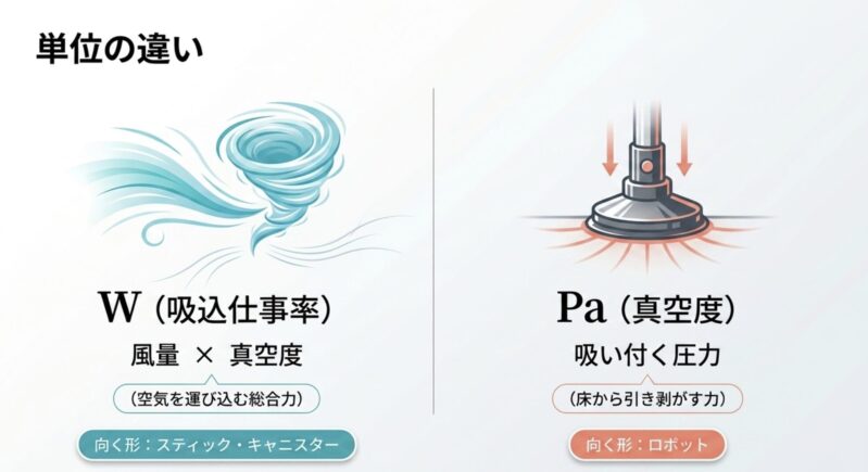 掃除機の吸引力単位の違いを解説。吸込仕事率を表すWは風量と真空度であり、Paは吸い付く圧力である真空度を示す比較図