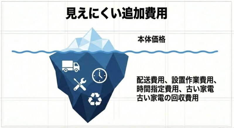 本体価格以外にかかる配送費用、設置作業費用、時間指定費用、古い家電の回収費用などの図解