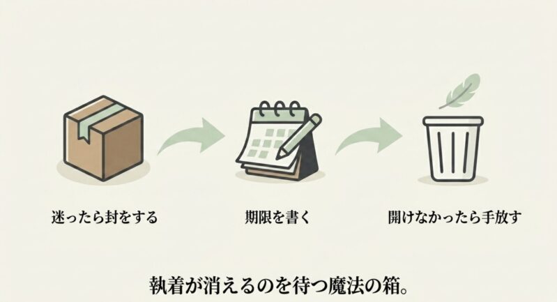 カレンダーと段ボール箱が描かれ、手放すか迷った際に期限を決めて一時保管する「保留箱」の活用を提案するイラスト