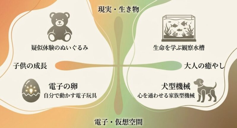 現実の生き物から仮想空間の電子玩具まで、育てるおもちゃの種類を対象者別に分けた分類図