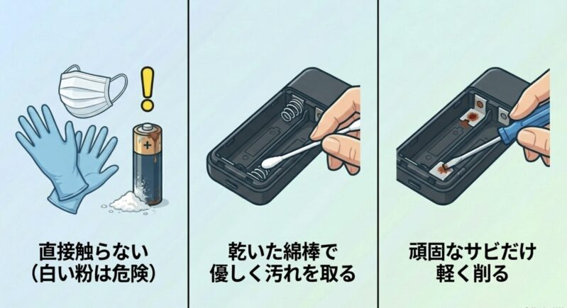 ゴム手袋とマスクを着用し、おもちゃの電池液漏れ汚れを綿棒やドライバーで安全に掃除する手順