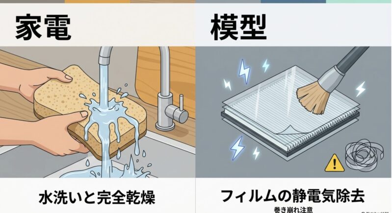 家電はスポンジの水洗いと完全乾燥、模型はフィルターの静電気除去と巻き崩れに注意して清掃する様子を比較したイラスト