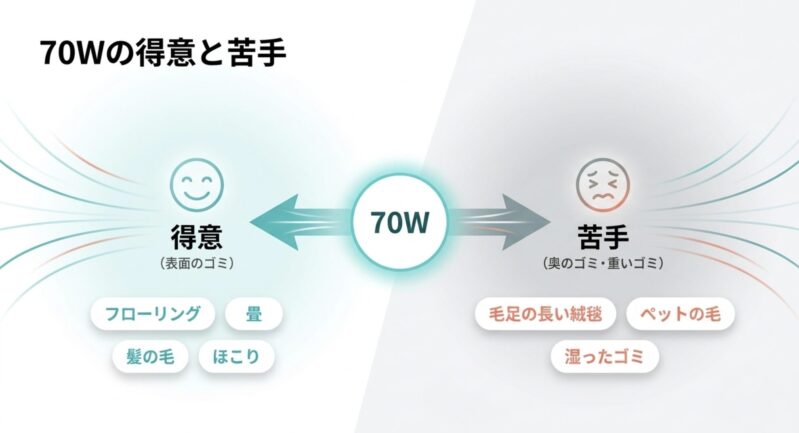 70W掃除機の得意と苦手を比較。フローリングや髪の毛などの表面のゴミは得意だが、絨毯やペットの毛など奥のゴミは苦手なことを示す図