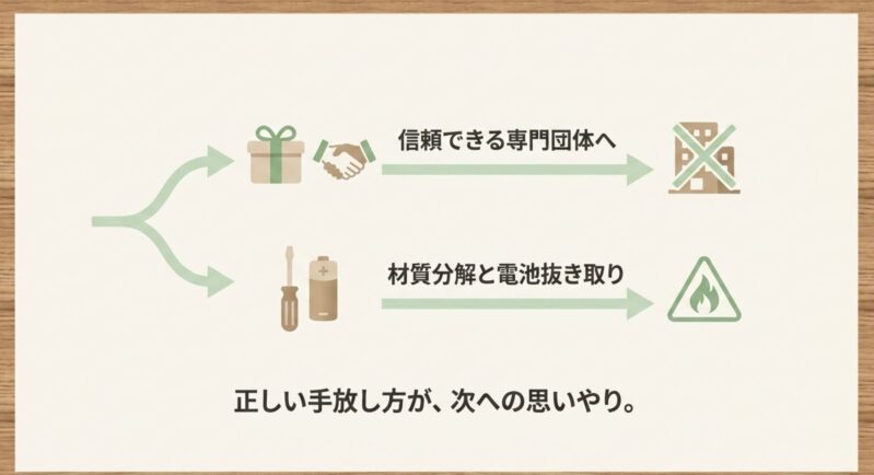 信頼できる専門団体への寄付や、自治体のルールに従った材質分解・電池抜き取りなど、次に繋がる正しいおもちゃの手放し方を説明するテキスト