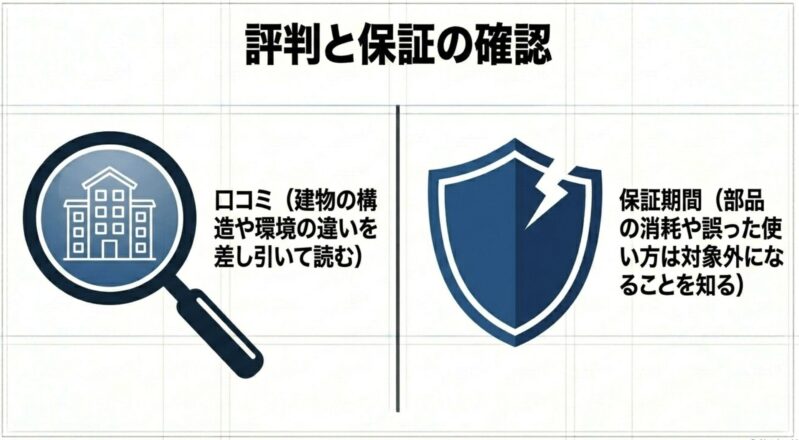 建物環境の違いを考慮した口コミの見方や、部品消耗が対象外になる保証期間の確認ポイント