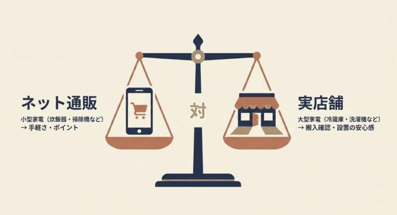 小型家電は手軽さとポイントでネット通販、大型家電は搬入や設置の安心感で実店舗を選ぶという天秤のイラスト