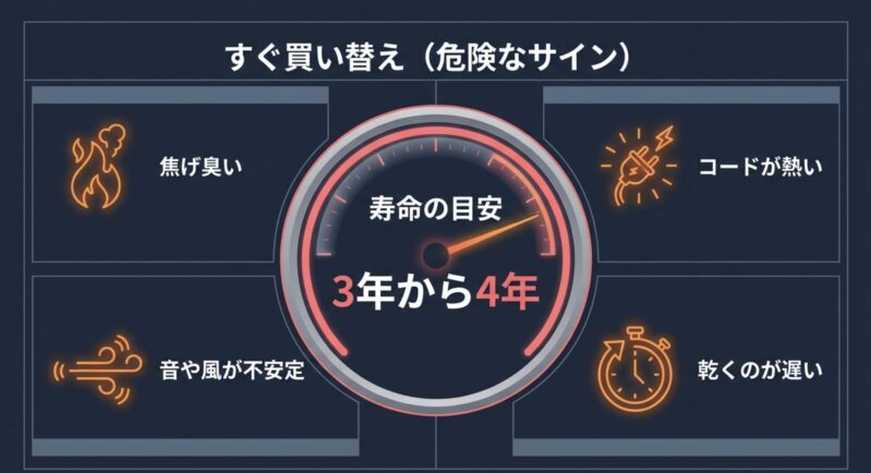 寿命の目安である3年から4年 のほか、すぐ買い替えが必要な危険なサインとして、焦げ臭い 、コードが熱い 、音や風が不安定 、乾くのが遅い  などの症状をまとめたイラスト。