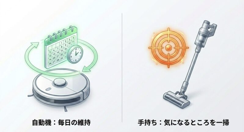 自動機(ロボット掃除機)は毎日の維持に、手持ち(スティック掃除機)は気になるところを一掃するのに向いていることを示す図解