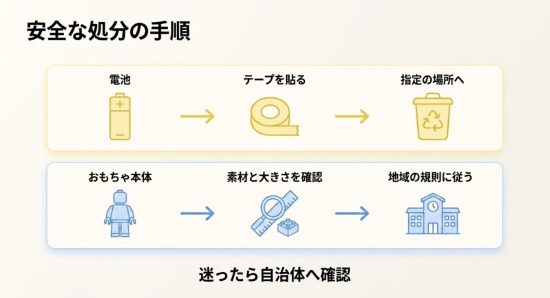 電池はテープを貼って指定場所へ、おもちゃ本体は素材と大きさを確認して地域規則に従う、という安全な処分の手順フローチャート