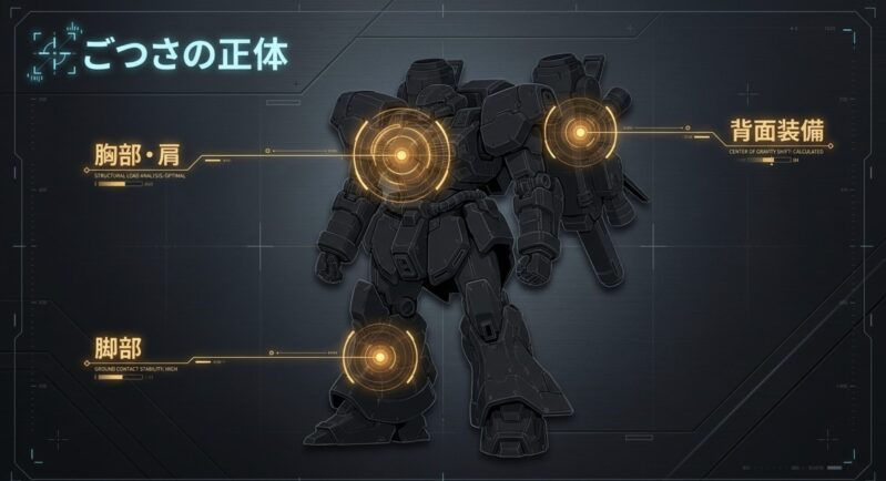 胸部、肩、脚部、背面装備など、ガンプラのごつさを構成する要素の解説図