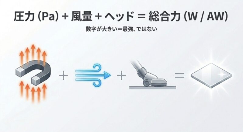 圧力(Pa)に風量とヘッドの性能が加わって総合力(W/AW)が決まり、数字が大きいだけで最強ではないことを説明する図解