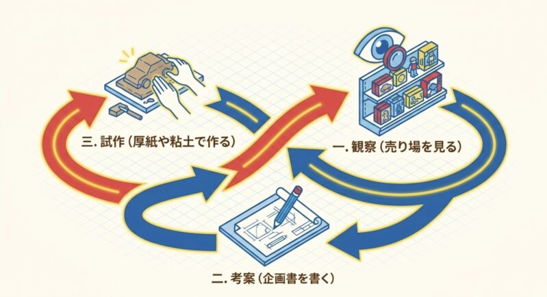 売り場を観察する、企画書を書く、厚紙や粘土で試作するという3つのステップ