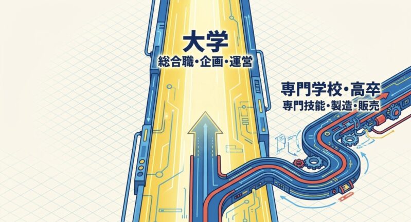 大学進学なら総合職や企画、専門・高卒なら専門技能や製造・販売といった進路の違いを示す図解