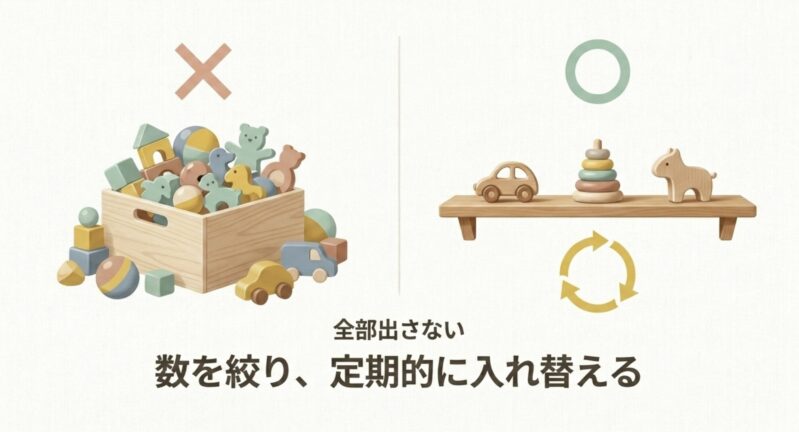 おもちゃを全部出さず数を絞って棚に並べ、定期的に入れ替えるローテーションの図解