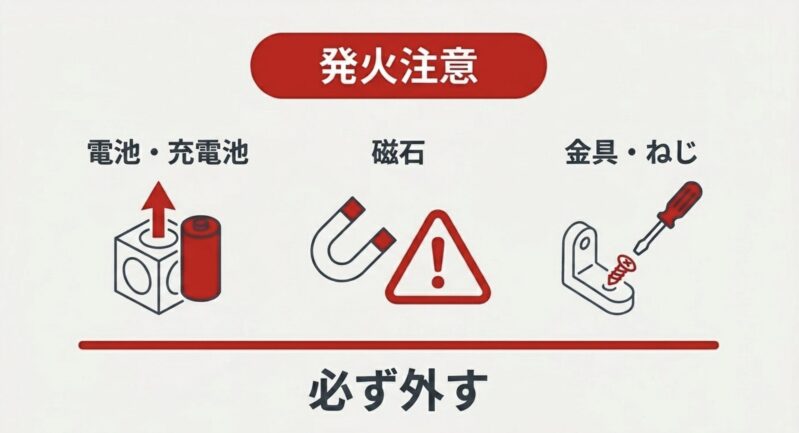 発火注意の電池、強力磁石への警告、ドライバーでネジを外す安全確認イラスト