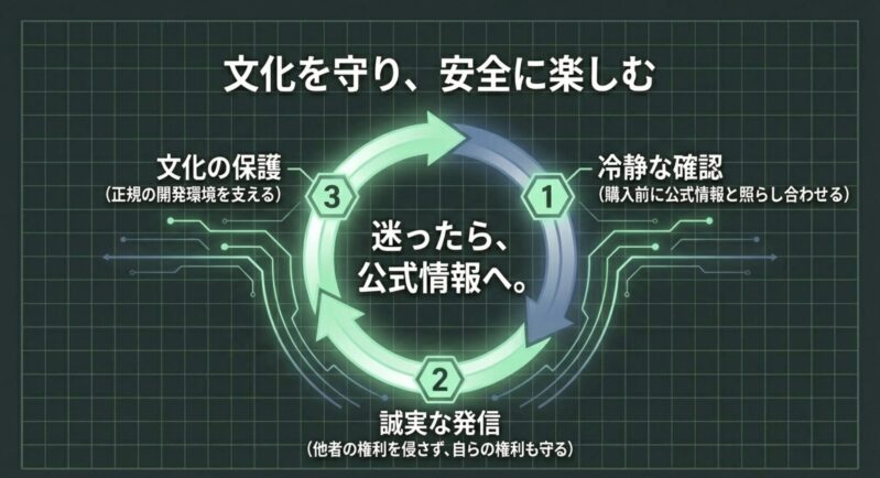 正規の開発環境を支える文化の保護、冷静な確認、誠実な発信の3つのポイント
