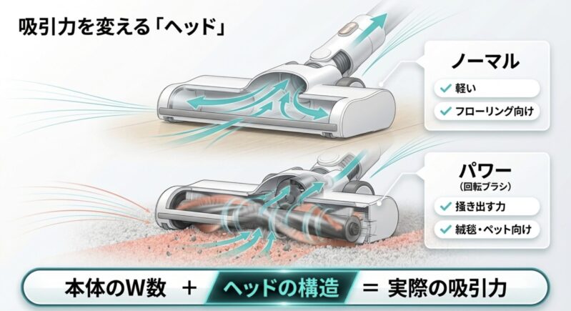 吸引力を変えるヘッド構造の違いを解説。フローリング向けのノーマルヘッドと、掻き出す力があり絨毯やペット向けのパワーヘッドの比較