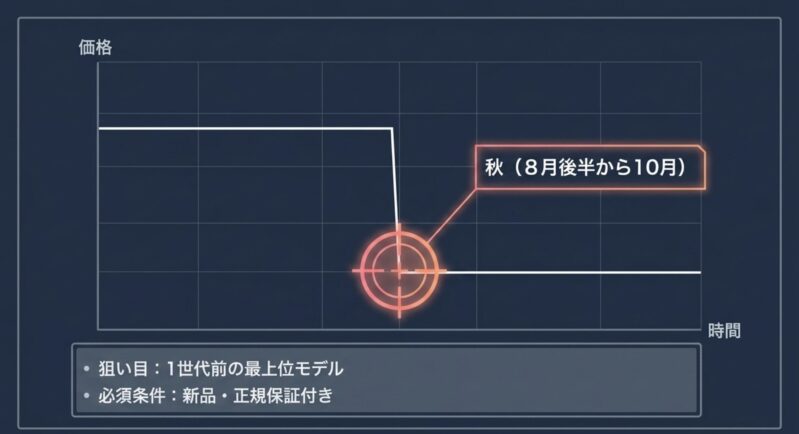 秋（8月後半から10月）を狙い目とし 、1世代前の最上位モデルを選ぶこと 、新品かつ正規保証付きであることを必須条件  としたドライヤー選びのポイント。