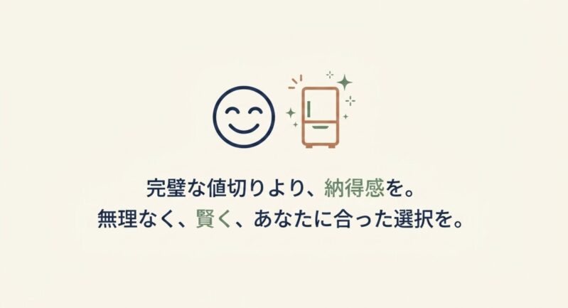 完璧な値切りよりも納得感を大切にし、無理なく賢く自分に合った選択をすることを示す笑顔と冷蔵庫のイラスト