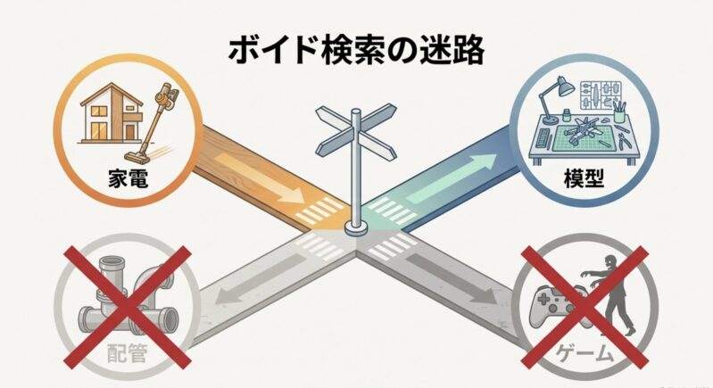 掃除機のボイドで検索すると、家電、模型、配管、ゲームなどの情報が混在して出てくることを示す図解