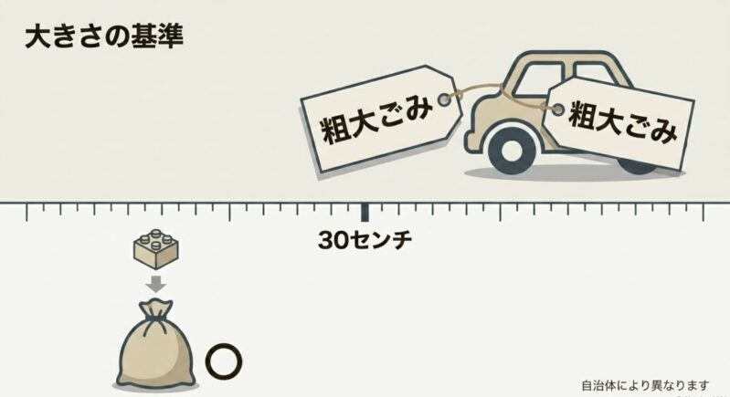 粗大ごみとなる大きさの基準が30センチであることを示す図解(自治体により異なるという注意書き含む)