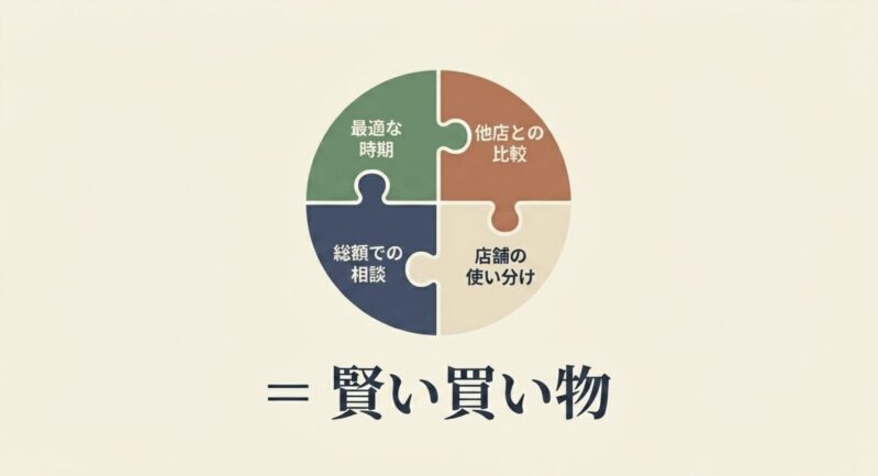 最適な時期、他店との比較、総額での相談、店舗の使い分けの4要素が賢い買い物につながることを示す図解