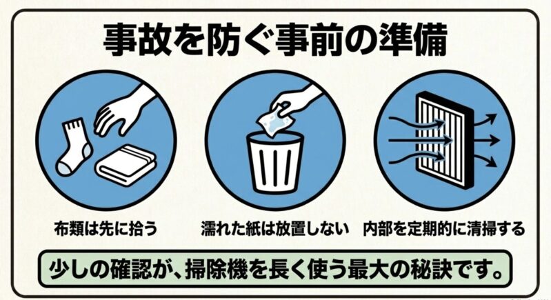 靴下などの布類を先に拾う、濡れた紙を捨てる、フィルターを清掃するなど、掃除機事故を防ぐ事前の準備