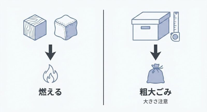 木製や布製のブロックが燃えるごみになり、大きな収納ケースが粗大ごみになることを示すイラスト