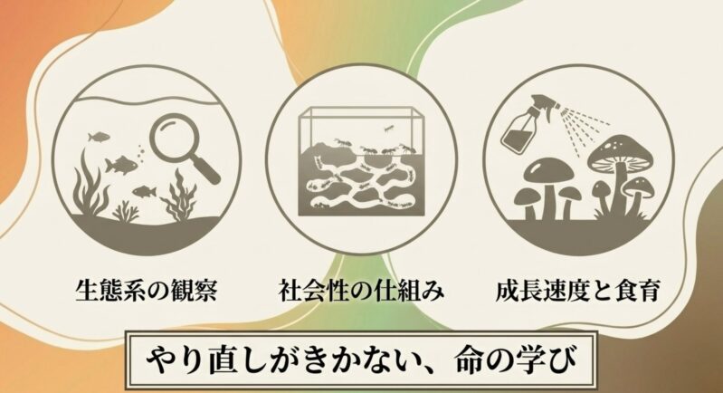 アリの巣やキノコ栽培を通して、生態系や社会性の仕組み、やり直しがきかない命の学びを体験するイメージ