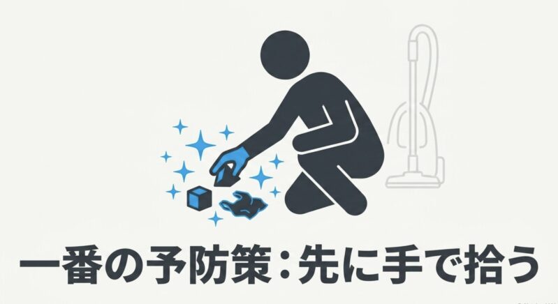 掃除機をかける前に、床に落ちているおもちゃやビニールなどの異物を手で拾う一番の予防策のイメージ画像
