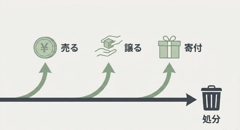 売る、譲る、寄付、処分というおもちゃの4つの手放し方を示す図